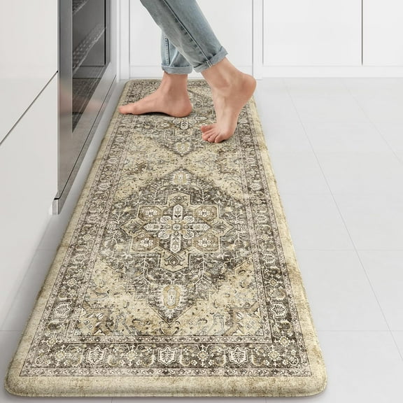Anti Fatigue Fall Kitchen Mats, Boho Distressed Kitchen Floor Mats 17"x47"+17"x29", Non Slip Waterproof Kitchen Rugs, Padded Comfort Standing Mats for Laundry, Office, Sink, Desk Orange Multi