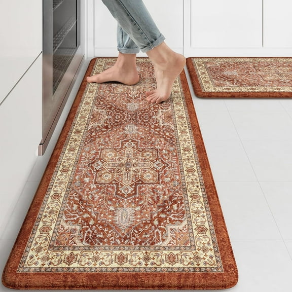 Anti Fatigue Fall Kitchen Mats, Boho Distressed Kitchen Floor Mats 17"x47"+17"x29", Non Slip Waterproof Kitchen Rugs, Padded Comfort Standing Mats for Laundry, Office, Sink, Desk Orange Multi
