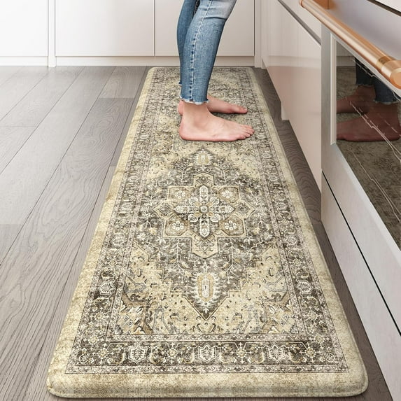 Anti Fatigue Fall Kitchen Mats, Boho Distressed Kitchen Floor Mats 17"x47"+17"x29", Non Slip Waterproof Kitchen Rugs, Padded Comfort Standing Mats for Laundry, Office, Sink, Desk Orange Multi