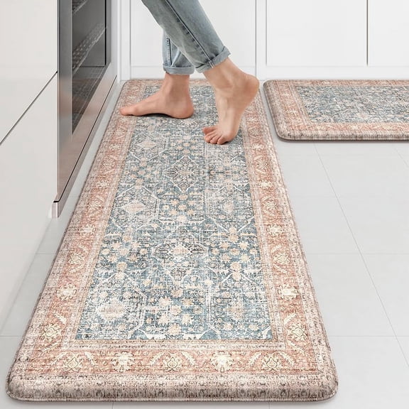 Anti Fatigue Fall Kitchen Mats, Boho Distressed Kitchen Floor Mats 17"x47"+17"x30", Non Slip Waterproof Kitchen Rugs, Padded Comfort Standing Mats for Laundry, Office, Sink, Desk Orange Multi