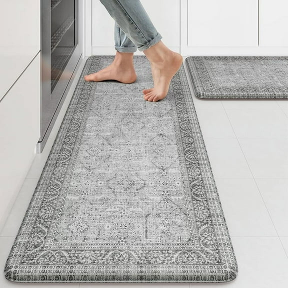 Anti Fatigue Fall Kitchen Mats, Boho Distressed Kitchen Floor Mats 17"x47"+17"x30", Non Slip Waterproof Kitchen Rugs, Padded Comfort Standing Mats for Laundry, Office, Sink, Desk Orange Multi