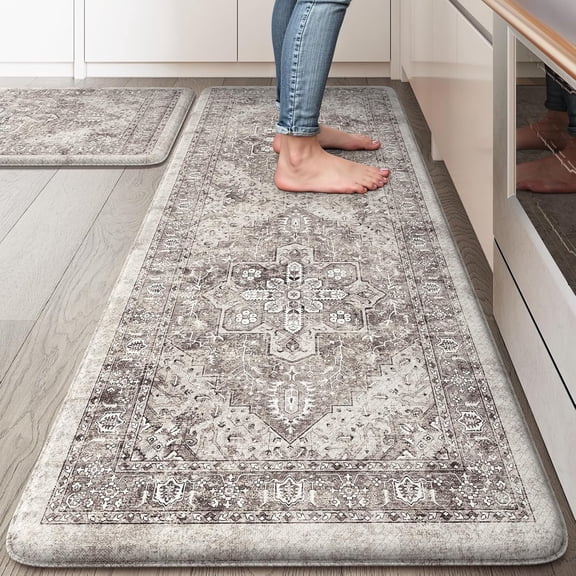 Anti Fatigue Fall Kitchen Mats, Boho Distressed Kitchen Floor Mats 17"x47"+17"x30", Non Slip Waterproof Kitchen Rugs, Padded Comfort Standing Mats for Laundry, Office, Sink, Desk Orange Multi