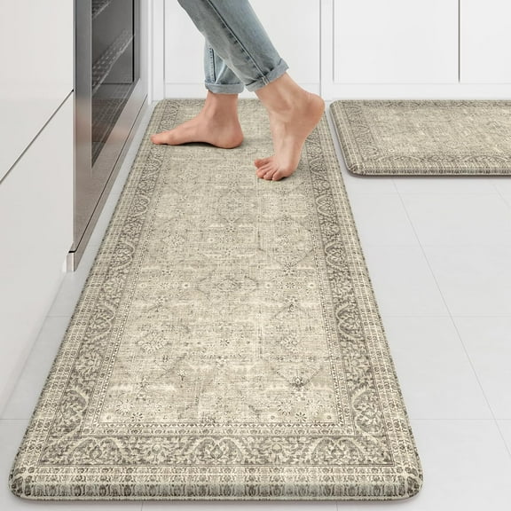 Anti Fatigue Fall Kitchen Mats, Boho Distressed Kitchen Floor Mats 17"x47"+17"x30", Non Slip Waterproof Kitchen Rugs, Padded Comfort Standing Mats for Laundry, Office, Sink, Desk Orange Multi