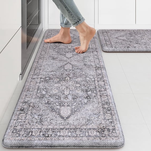 Anti Fatigue Fall Kitchen Mats, Boho Distressed Kitchen Floor Mats 17"x47"+17"x30", Non Slip Waterproof Kitchen Rugs, Padded Comfort Standing Mats for Laundry, Office, Sink, Desk Orange Multi