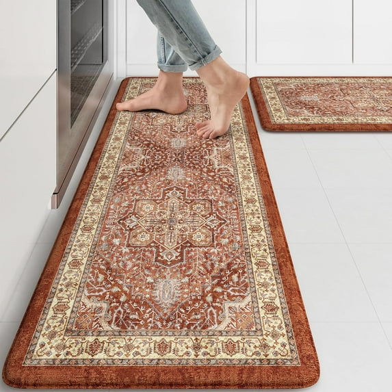 Anti Fatigue Fall Kitchen Mats, Boho Distressed Kitchen Floor Mats 17"x47"+17"x30", Non Slip Waterproof Kitchen Rugs, Padded Comfort Standing Mats for Laundry, Office, Sink, Desk Orange Multi