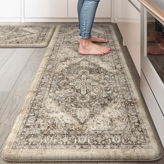Anti Fatigue Fall Kitchen Mats, Boho Distressed Kitchen Floor Mats 17"x47"+17"x30", Non Slip Waterproof Kitchen Rugs, Padded Comfort Standing Mats for Laundry, Office, Sink, Desk Orange Multi