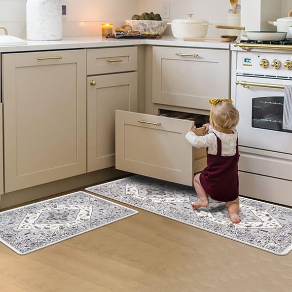Anti Fatigue Floor Mats - Cushioned Memory Foam 2 Piece Kitchen Rug Set, Non Slip Laundry & Sink Area Runner, Waterproof Comfort Standing Mat