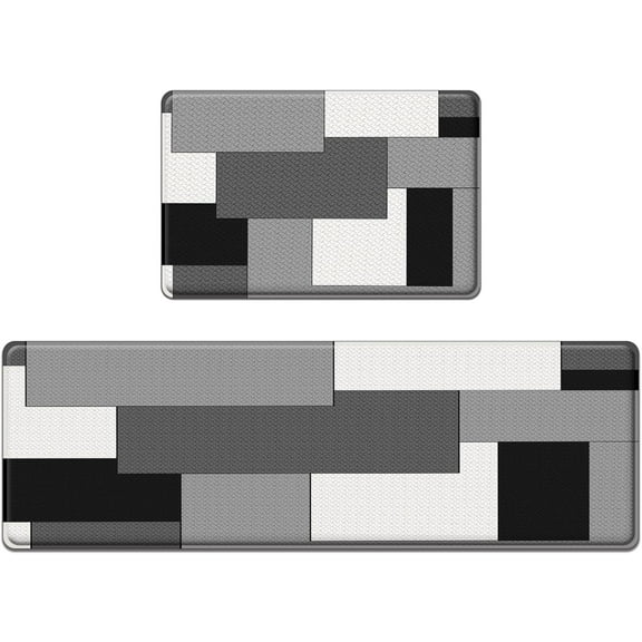 Anti-Fatigue Grey Kitchen Rug Set of 2 Cushioned Geometric Black White Kitchen Floor Mat, Standing Mat Waterproof Non-Slip Kitchen Mats and Rugs PVC Ergonomic Comfort Foam Kitchen Decor