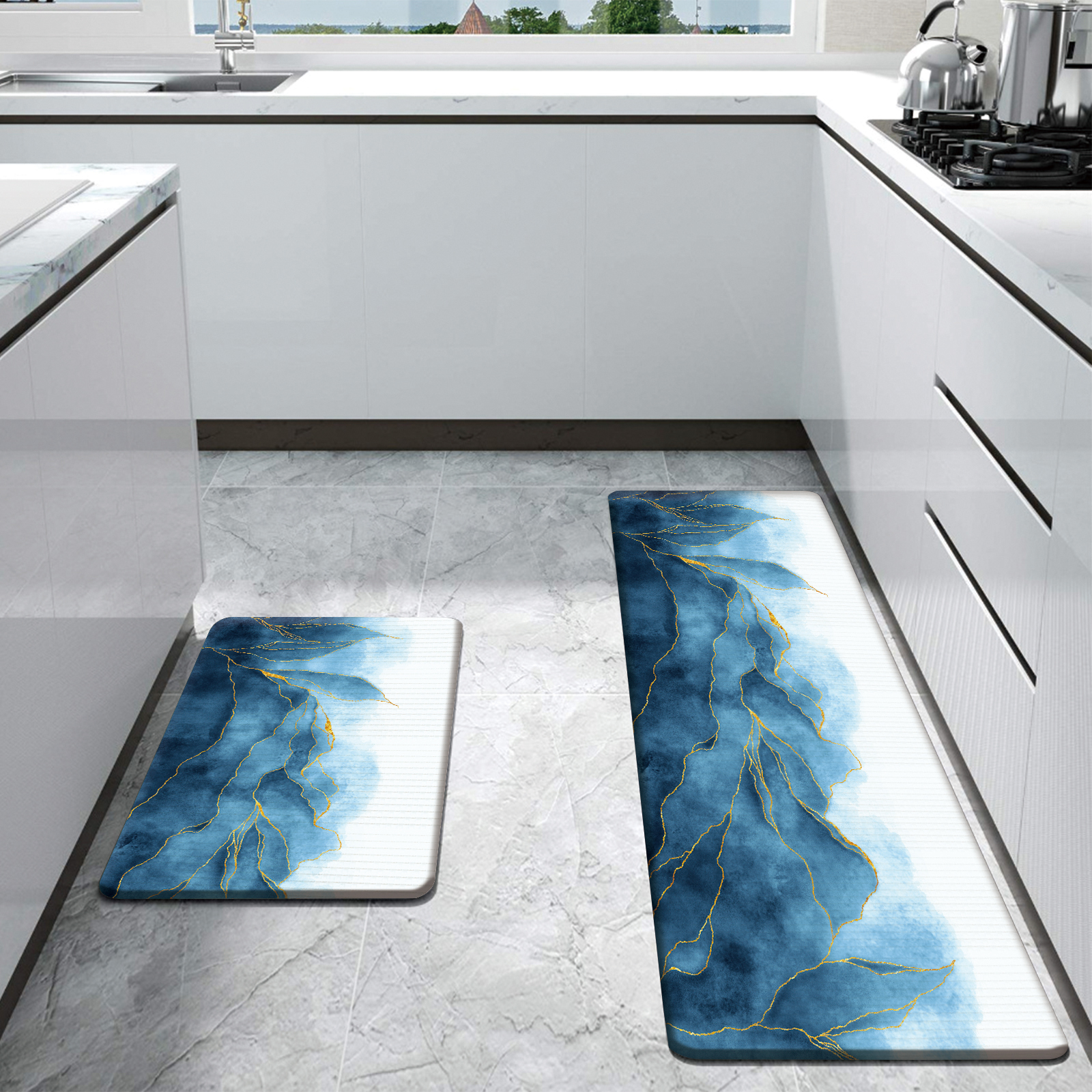 Navy Blue Cushion Rugs for Kitchen Floor 2PCS; 17"x47"+17"x28";Anti