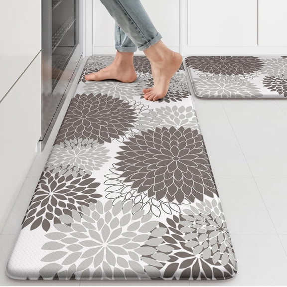 Anti Fatigue Kitchen Mat 2PCS,Boho Dahlia Floral Kitchen Rugs Non Slip Rubber Backing,Waterproof Farmhouse Kitchen Mat for Floor,Cushioned Standing Mat for Office,Laundry,Sink,Desk,Grey