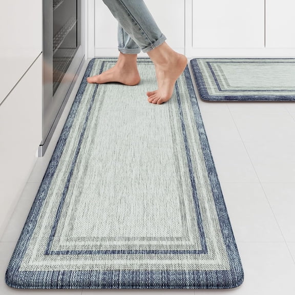 Anti Fatigue Kitchen Mat 2PCS,Non-Skid Waterproof Kitchen Rugs,Farmhouse Kitchen Mat for Floor,Cushioned Comfort Foam Standing Mat for Laundry,Office,Sink,Desk,Blue and Gray