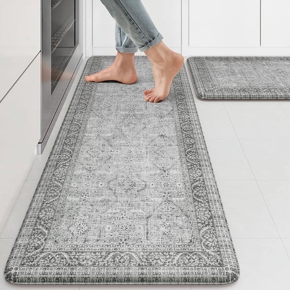 Anti Fatigue Kitchen Mat 2PCS,Waterproof Farmhouse Kitchen Rugs Non-Slip,Vintage Grey Kitchen Mat for Floor,Cushioned Comfort Foam Standing Mat for Laundry,Office,Sink,Desk