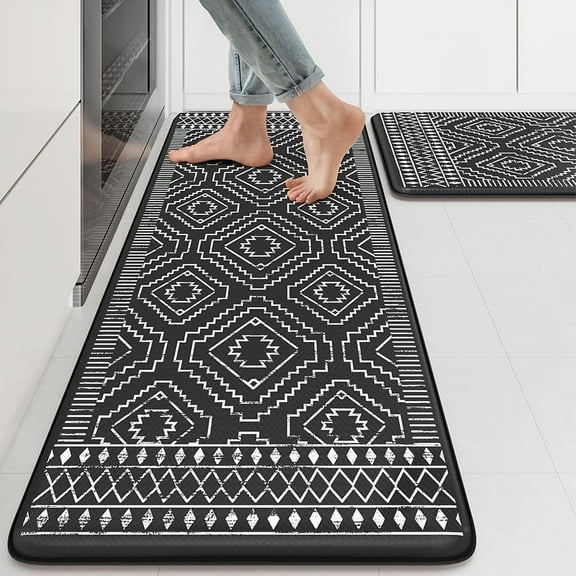Anti Fatigue Kitchen Mat,Black Boho Kitchen Rugs Non Slip Sets of 2,Kitchen mats for Floor Cushioned,Morocco Geometric Memory Foam Cushioned Standing Mats for Sink,Laundry,Office