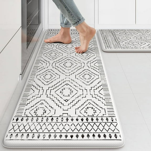 Anti Fatigue Kitchen Mat,Black and White Kitchen Rugs Sets of 2, Cushioned Non Slip Kitchen Floor Mats, Morocco Geometric Standing Mats for Sink, Laundry, Office, Desk 17"x47"+17"x29"