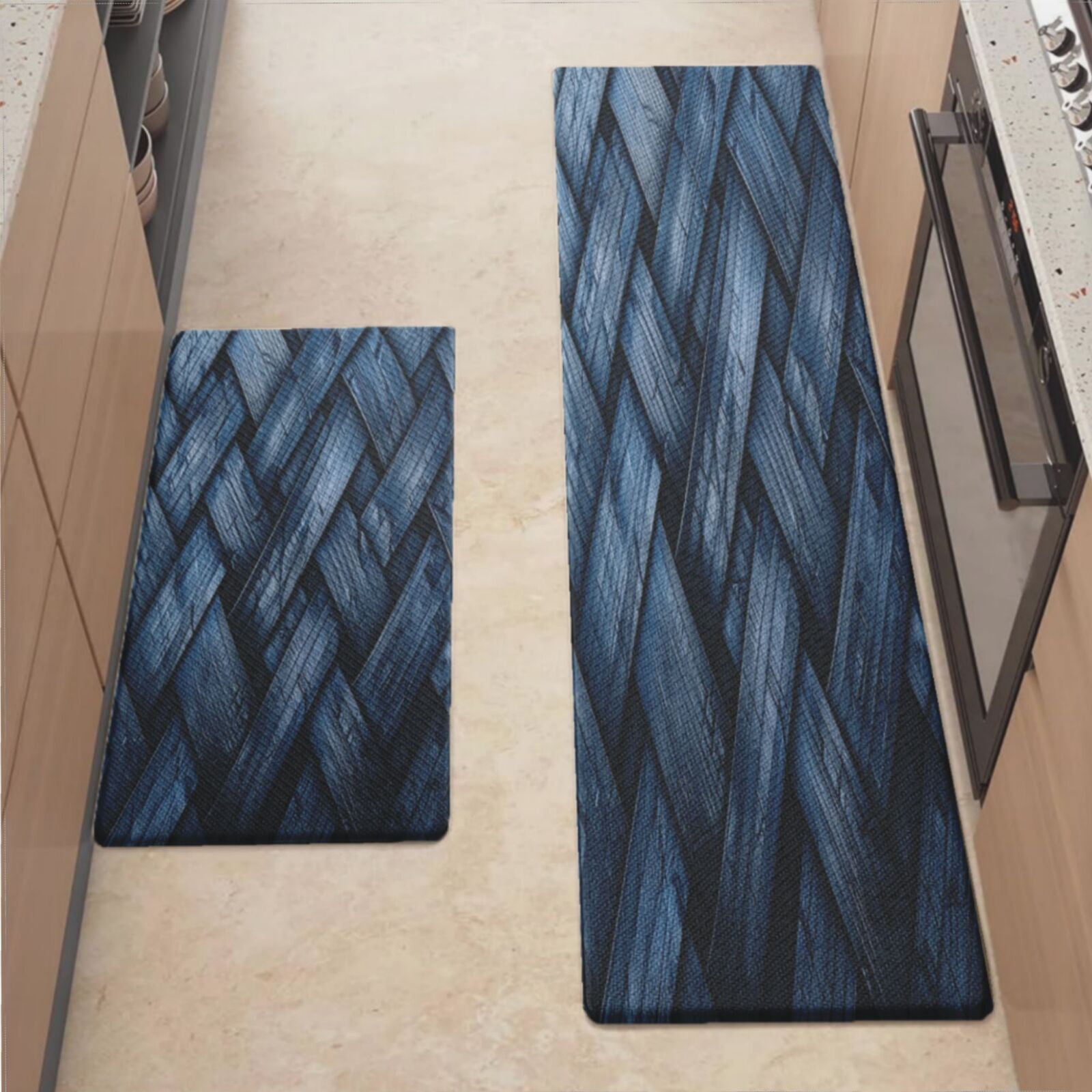 Anti Fatigue Kitchen Mat, Blue Dark Fabric Mix Sets of 2 Kitchen Rugs ...