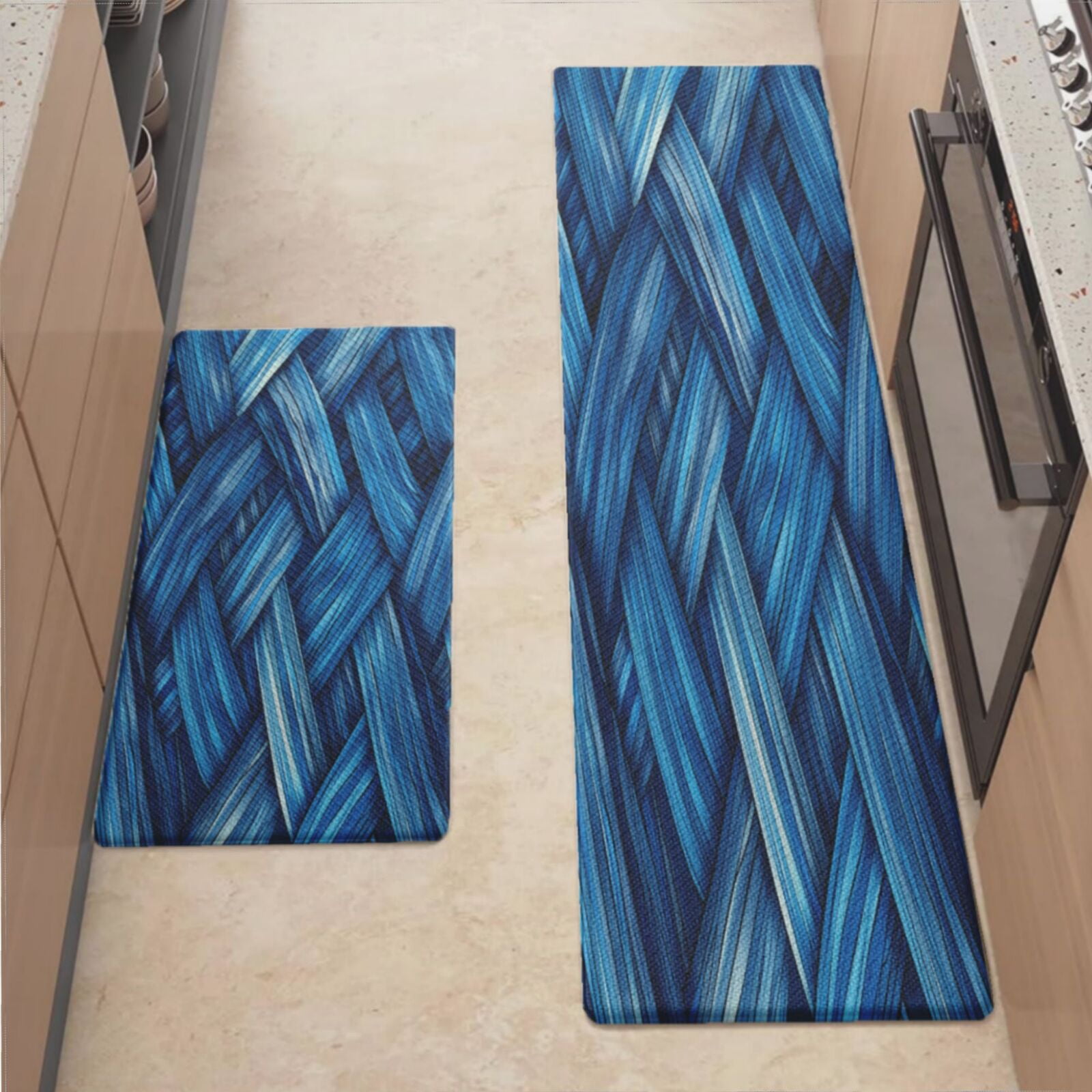 Anti Fatigue Kitchen Mat, Blue Fabric Mix Drawing Style Kitchen Rugs ...