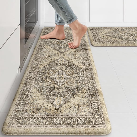 Anti Fatigue Kitchen Mat, Boho Distressed Kitchen Rugs Sets of 2, Kitchen Floor Mats Non Slip Cushioned, Waterproof Standing Mat for Laundry, Office, Sink, Desk, Brown 17"x47"+17"x29"