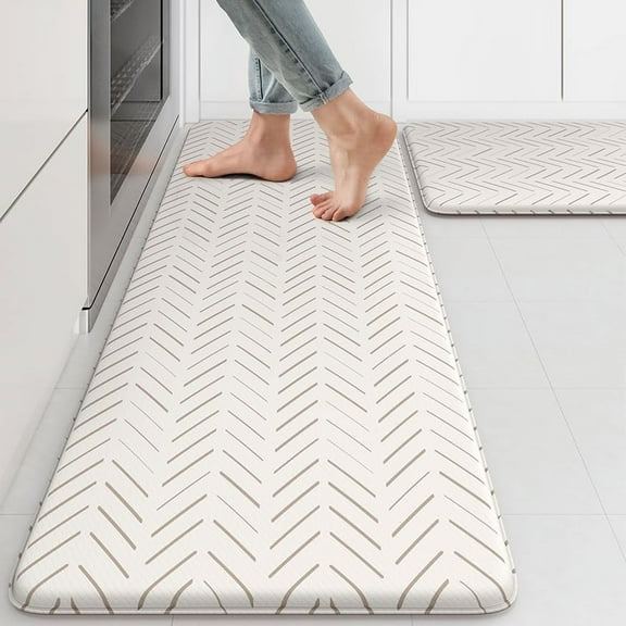 Anti Fatigue Kitchen Mat, Boho Kitchen Rugs Sets of 2, Cushioned Kitchen Floor Mats Non Slip, Waterproof Comfort Foam Standing Desk Mat for Laundry, Office, Sink, Beige and White