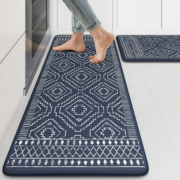 Anti Fatigue Kitchen Mat,Boho Kitchen Rugs Sets of 2, Cushioned Kitchen mats for Floor, Morocco Geometric Memory Foam Non Slip Standing Mats for Sink, Laundry, Office, Dark Blue