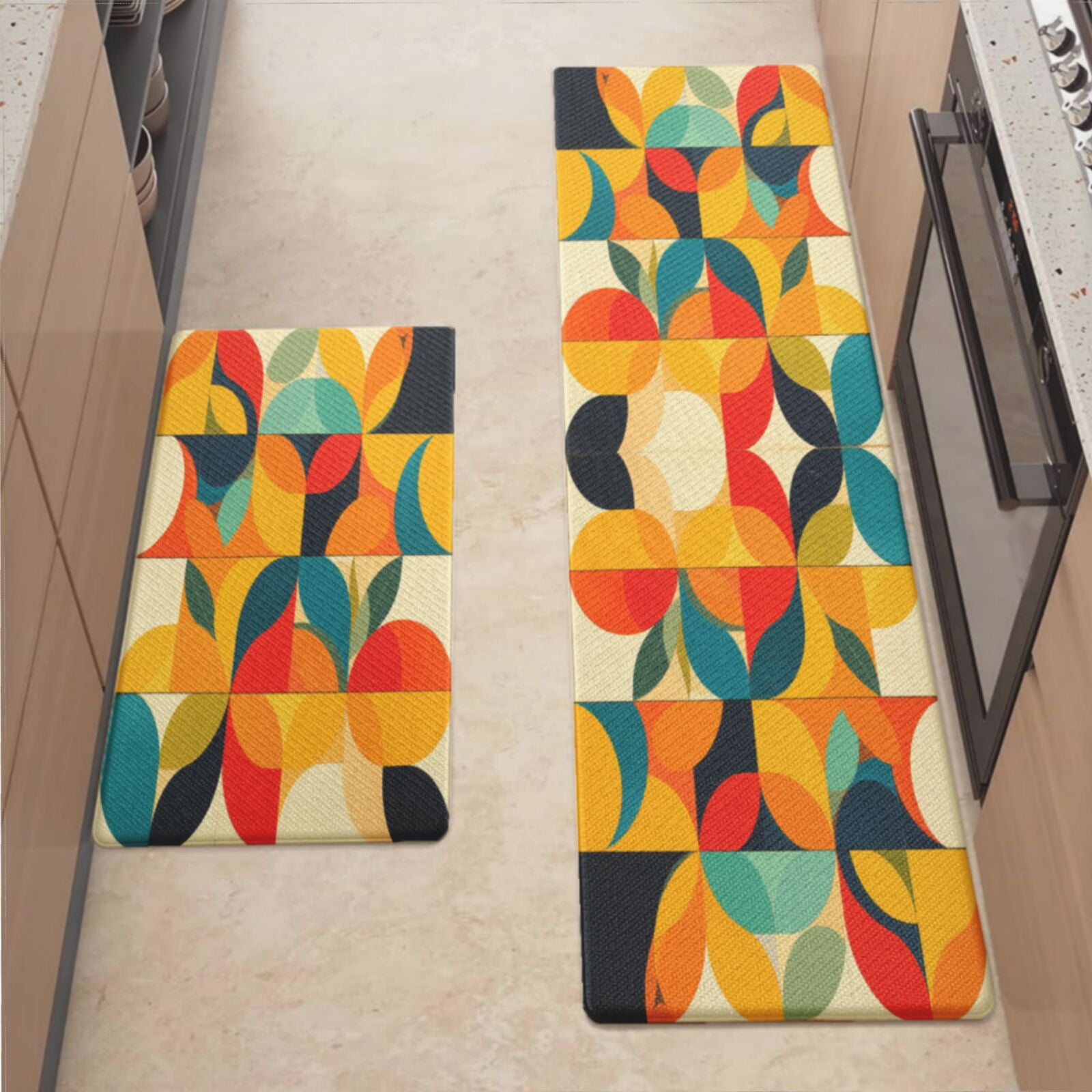 Anti Fatigue Kitchen Mat, Colorful Abstract Shapes Curves Kitchen Rugs ...