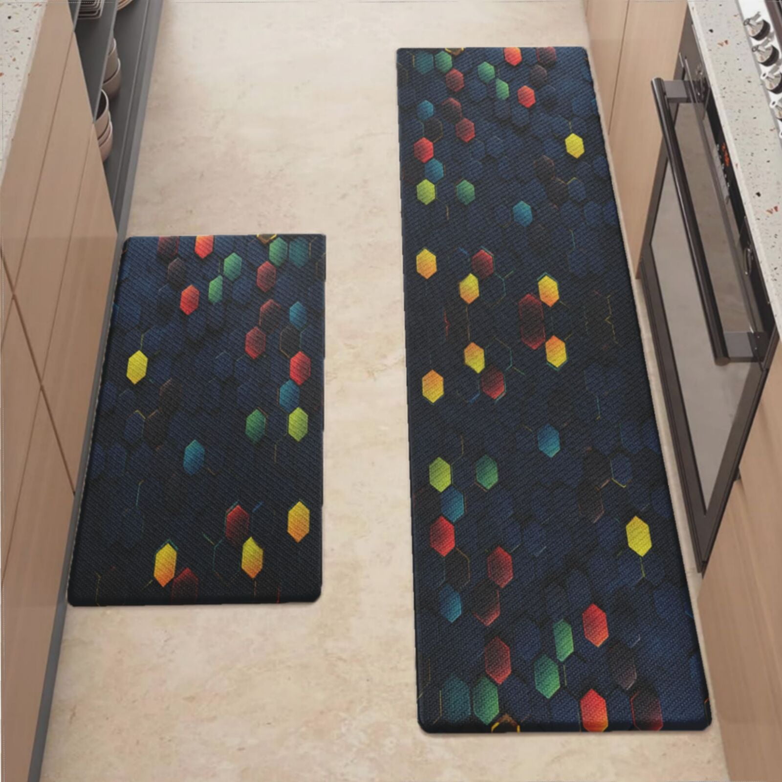Anti Fatigue Kitchen Mat, Colorful Dark Hexagons Sets of 2 Kitchen Rugs ...
