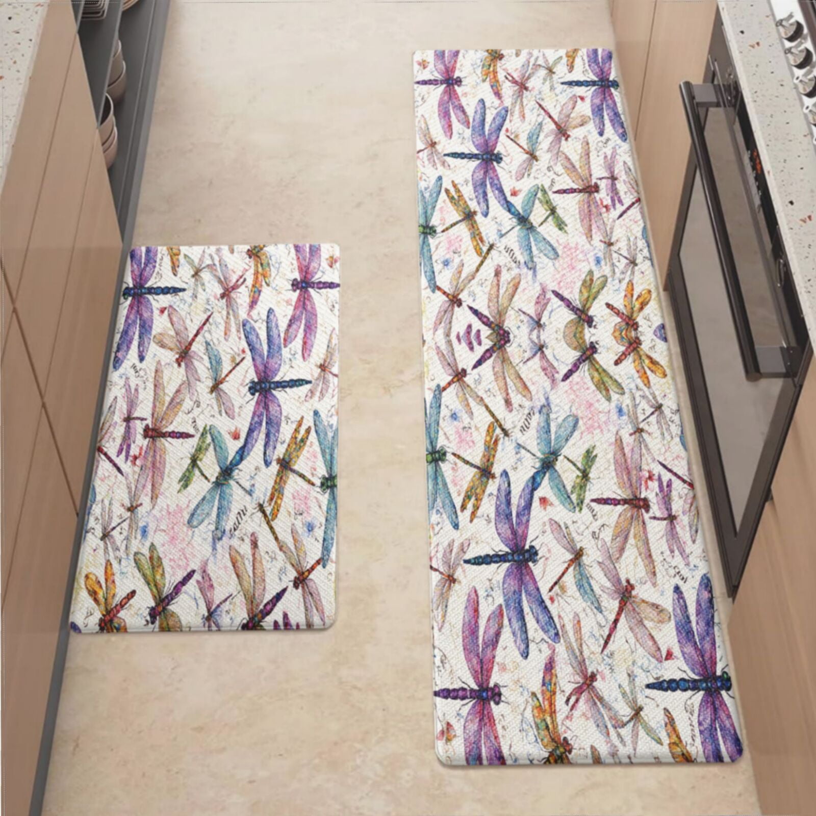 Anti Fatigue Kitchen Mat, Colorful Dragonflies Kitchen Rugs Non Slip ...