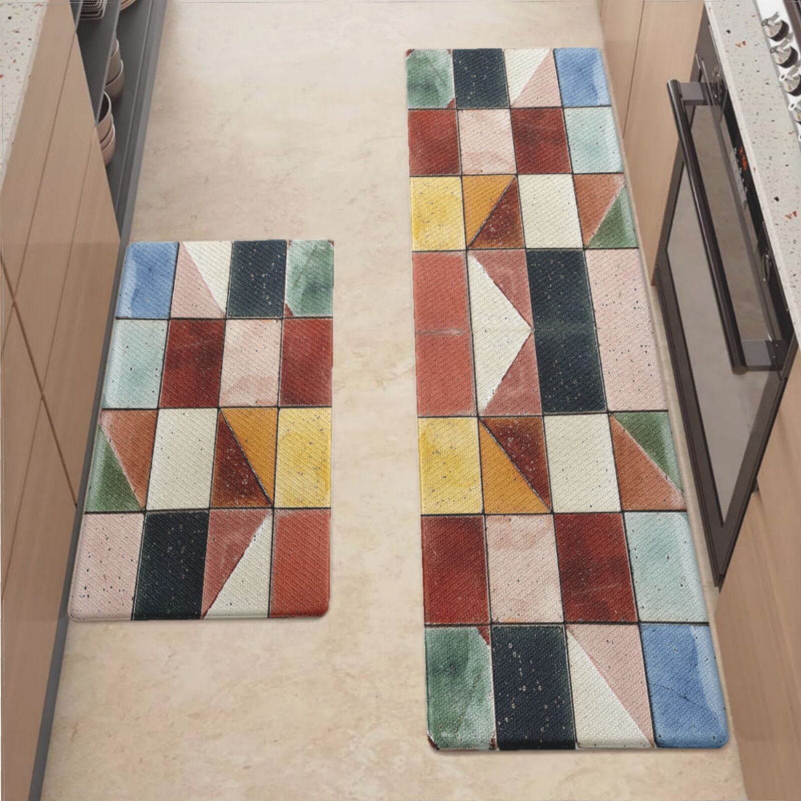 Anti Fatigue Kitchen Mat, Colorful Vibrant Shapes Kitchen Rugs Non Slip ...