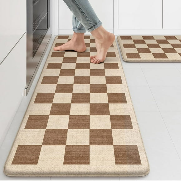 Anti Fatigue Kitchen Mat, Farmhouse Checkered Kitchen Rugs, Kitchen Floor Mats Non-Slip,Comfort Kitchen Mats for Floor Sink, Laundry, Office, Desk Khaki and Beige 17"x47"+17"x29"