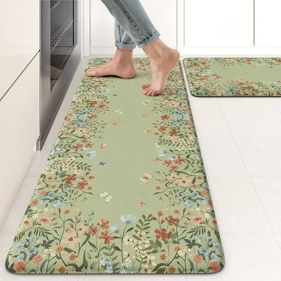 Anti Fatigue Kitchen Mat for Floor, 17"x47"+17"x29" Butterfly Flower Kitchen Rugs Non Skid, Cushioned Padded Kitchen Floor Mat, Comfort Standing Mat for Laundry Office Sink Desk Sage Green