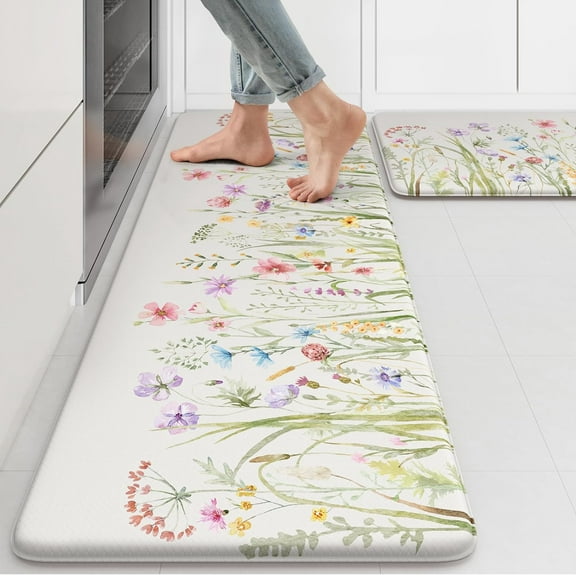 Anti Fatigue Kitchen Mat for Floor, Farmhouse Floral Kitchen Rugs Sets of 2, Kitchen Floor Mats Non-Slip, Cushioned Standing Mat for Sink, Laundry, Desk, Home White 17"x47"+17"x29"