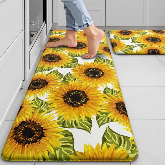 Anti Fatigue Kitchen Mat for Floor Set of 2 Sunflower Comfort Mats Cushioned Non Slip Waterproof Kitchen Rugs Standing Kitchen Mats for Floor House Sink Office