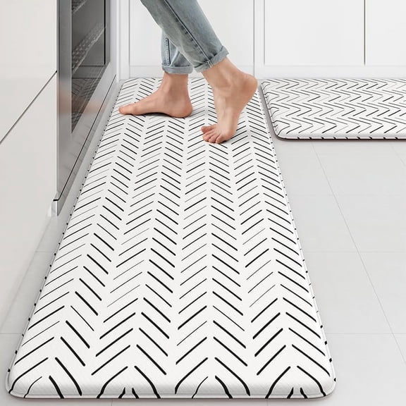 Anti Fatigue Kitchen Mat, Kitchen Rugs Sets of 2, Kitchen Floor Mats Non Slip Cushioned, Geometric Standing Mat for Laundry, Office, Sink, Desk, Home Black and White 17"x47"+17"x29"