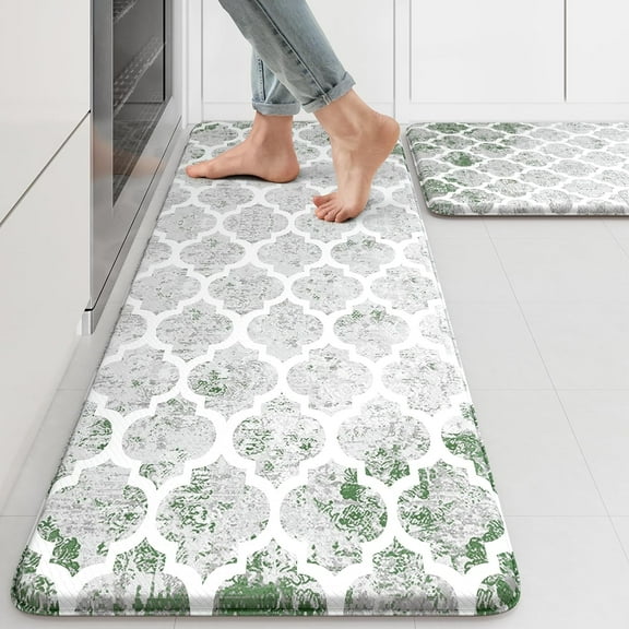 Anti Fatigue Kitchen Mat,Morocco Green Kitchen Rugs Sets of 2,Kitchen Mats for Floor Non Slip Cushioned,Comfort Foam Standing Mat for Front of Sink,Office,Laundry 17"x47"+17"x29"
