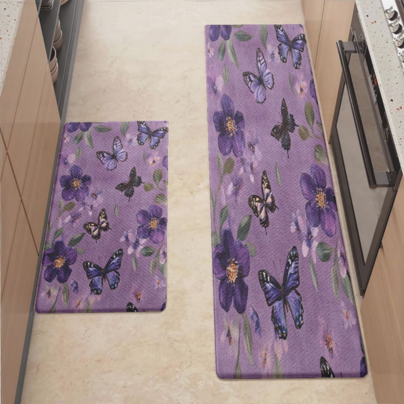 Anti Fatigue Kitchen Mat, Purple Butterfly Sets of 2 Kitchen Rugs Non ...