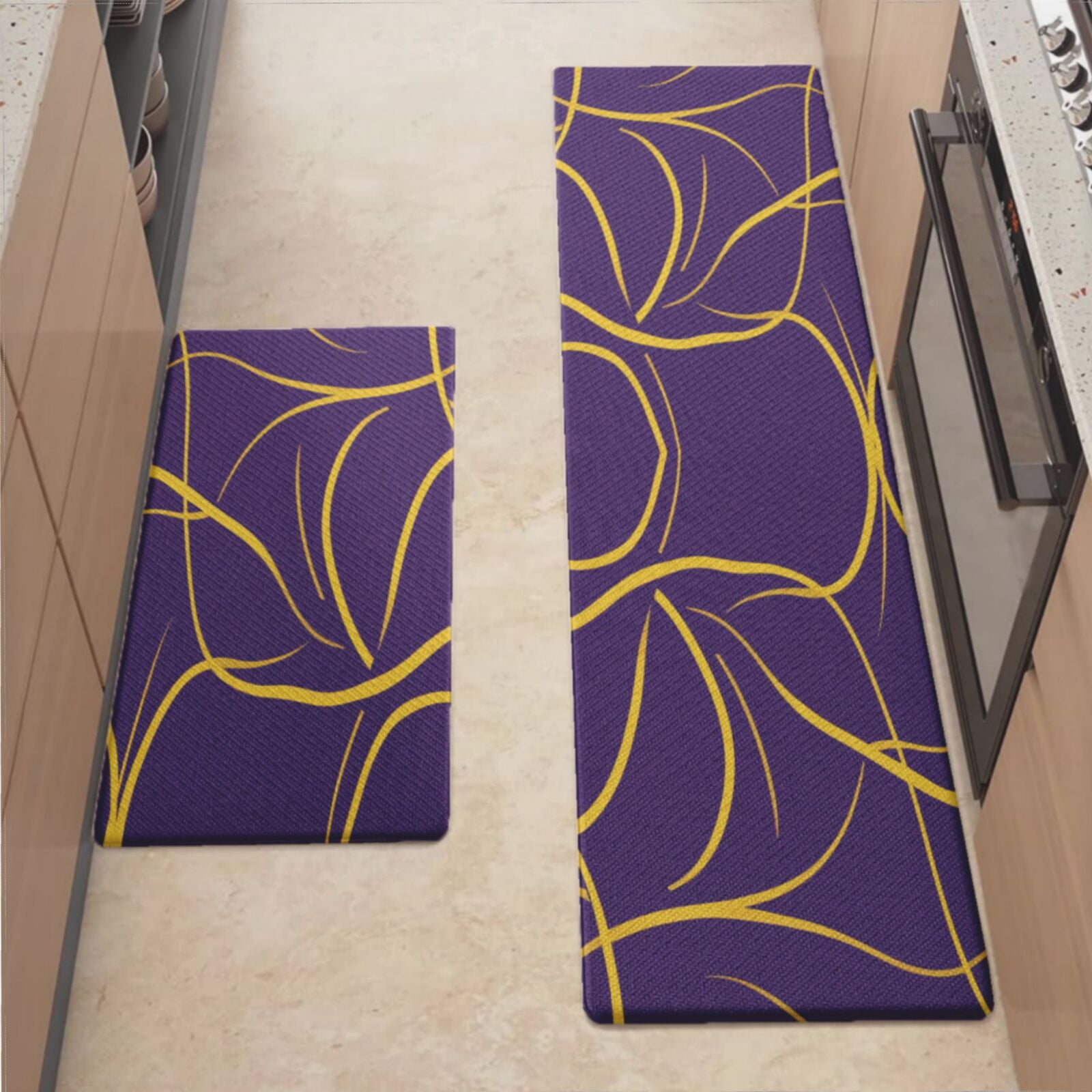 Anti Fatigue Kitchen Mat, Purple Thin Golden Lines Sets of 2 Kitchen ...