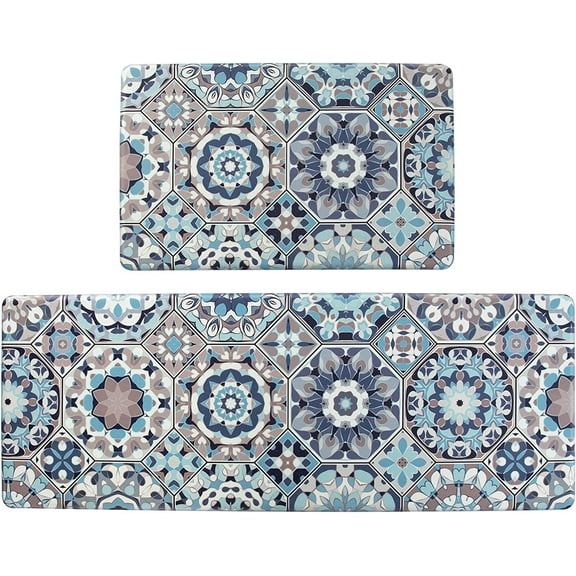 Anti Fatigue Kitchen Mat Set of 2 Blue Cushioned Kitchen Rugs Comfort Floor Mat Waterproof Non Slip Kitchen Carpet Rug Runner for Sink Laundry 17"x48"+17"x28"