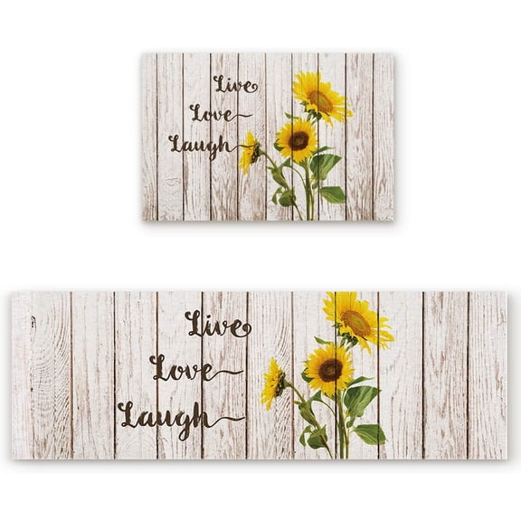 Anti Fatigue Kitchen Mat Set of 2 Cushioned Kitchen Floor Mats Kitchen Rugs Non Slip Kitchen Runner Rug Blooming Sunflowers Live Love Laugh on Wooden (15.7"x23.6"+15.7"x47.2" inches)