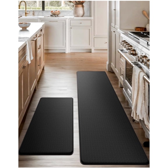 Anti-Fatigue Kitchen Mat Set – 2-Piece Memory Foam Cushioned Mats for Bathroom – BLACK, 18×30 & 18×60, 0.4 in Thick, Waterproof, Non-Slip
