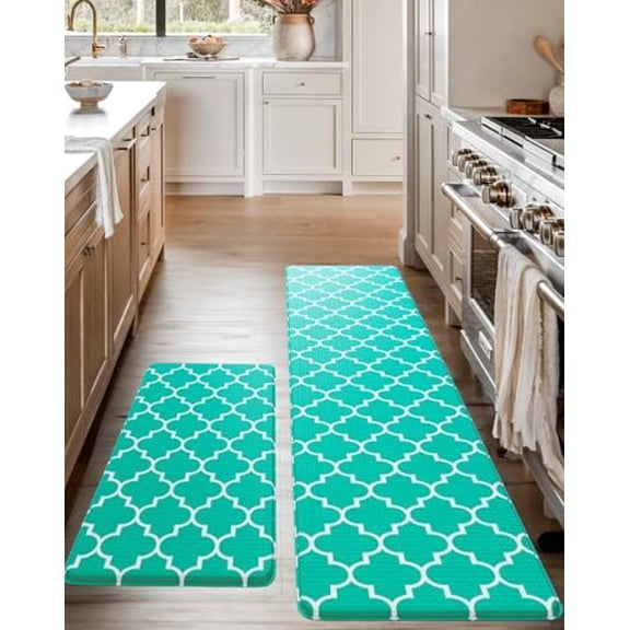 Anti-Fatigue Kitchen Mat Set – 2-Piece Memory Foam Cushioned Mats for Standing – Teal Lantern, 18×30 & 18×60, 0.4 in Thick, Waterproof, Non-Slip –