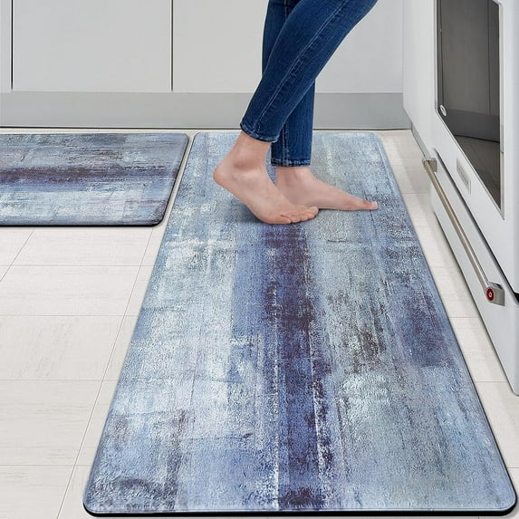 Anti Fatigue Kitchen Mat - Set of 2 - Blue and Marble Design Comfort Mats - Cushioned, Non Slip Floor Mat