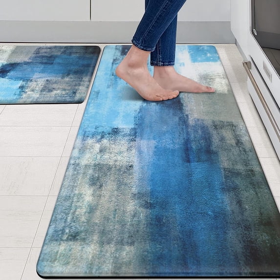 Anti Fatigue Kitchen Mat - Set of 2 - Teal and Marble Design Comfort Mats - Cushioned, Non Slip Floor Mat