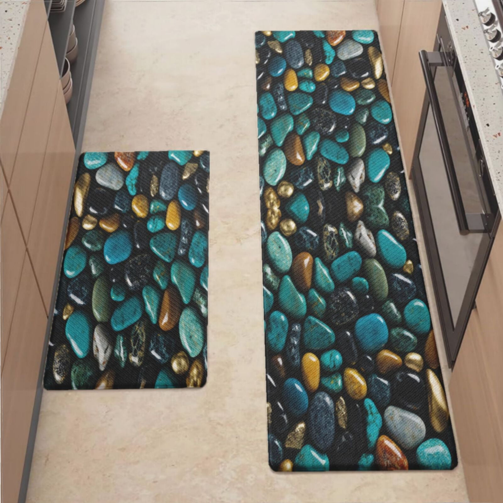 Standing Mat With Rocks Anti Fatigue Kitchen Mat, Teal Rocks And Pebbles Kitchen Rugs Non Slip ...