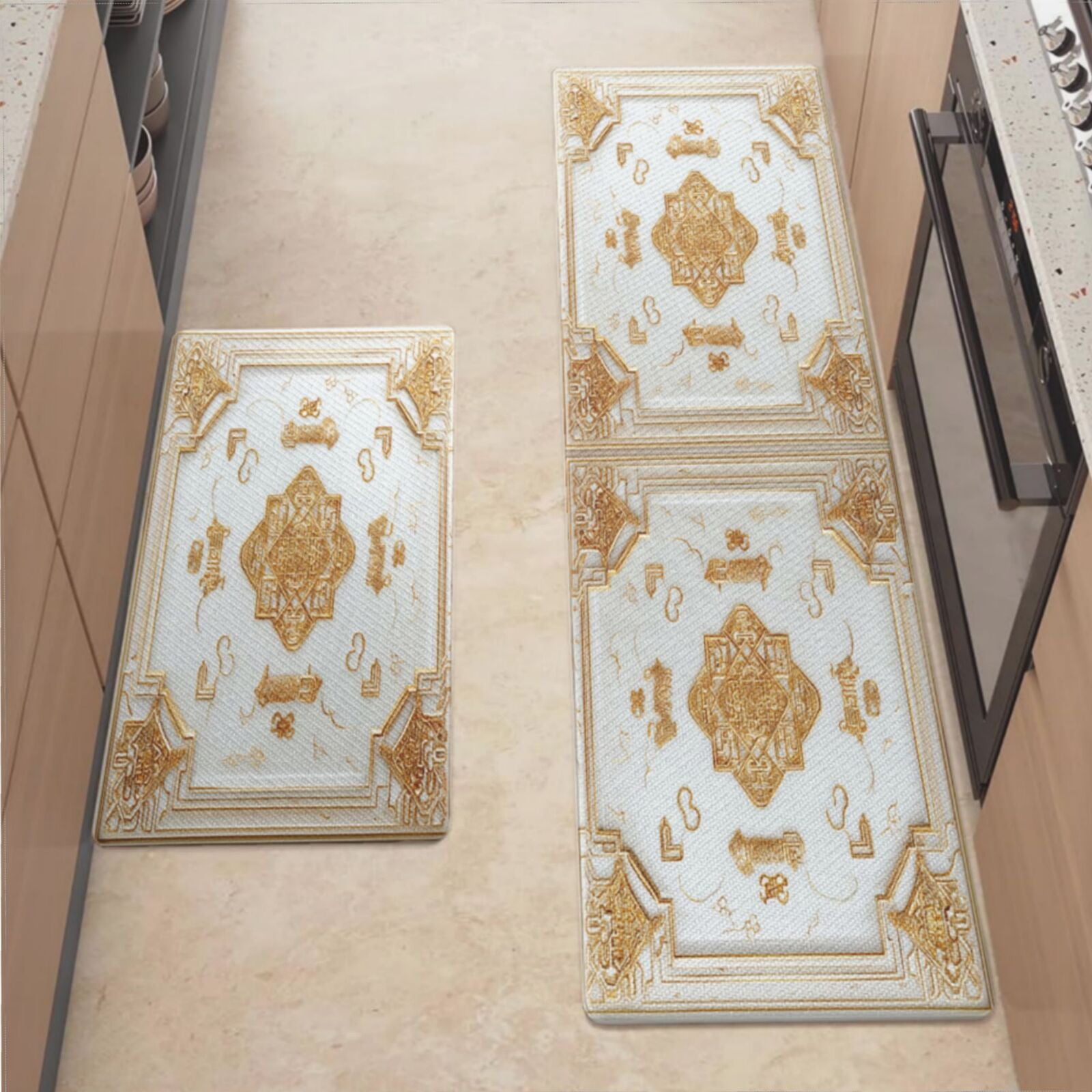 Anti Fatigue Kitchen Mat, White Gold Retro Shangshui Pattern Sets of 2 ...