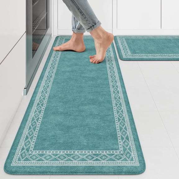Anti Fatigue Kitchen Mats 17.3" x 47" + 17.3" x 29" Turquoise White Memory Foam Non Slip Waterproof Standing Mats