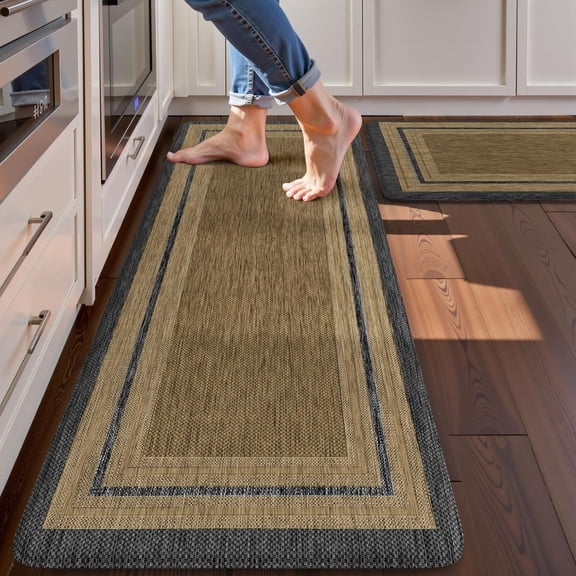 Anti Fatigue Kitchen Mats 17"x47"+17"x29", Farmhouse Kitchen Rugs Sets of 2, Non Slip Kitchen Mats for Floor, Cushioned Comfort Standing Mats for Sink Laundry Office Desk Grey/Brown