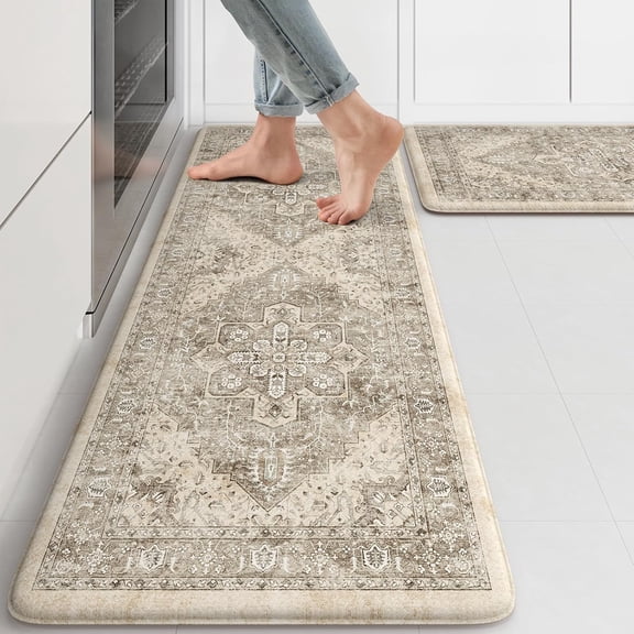 Anti Fatigue Kitchen Mats 2 PCS 17"x47"+17"x29.5", Boho Kitchen Rugs and Mats, Non Slip Cushioned Kitchen Mats for Floor, Waterproof Kitchen Floor Mats for Laundry, Office, Sink, Khaki