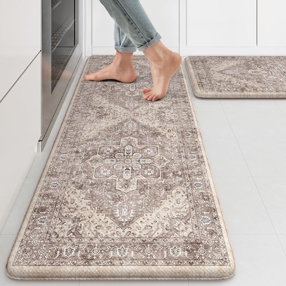 Anti Fatigue Kitchen Mats 2 PCS 17"x47"+17"x29", Boho Kitchen Rugs and Mats, Non Slip Cushioned Kitchen Mats for Floor, Waterproof Kitchen Floor Mats for Laundry, Office, Sink, Khaki