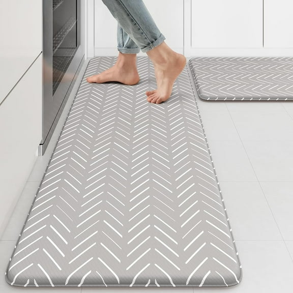Anti Fatigue Kitchen Mats 2 PCS 17"x47"+17"x29", Geometric Kitchen Rugs Non Slip, Cushioned Kitchen Mats for Floor, Waterproof Kitchen Floor Mats for Laundry, Office, Sink, Grey and White