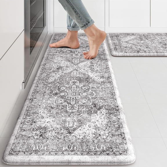 Anti Fatigue Kitchen Mats, 2 PCS Cushioned Kitchen Rugs and Mats, Waterproof Kitchen Floor Mats Non Slip, Boho Comfort Foam Standing Mat for Laundry, Office, Sink, Grey Brown 17"x47"+17"x29"