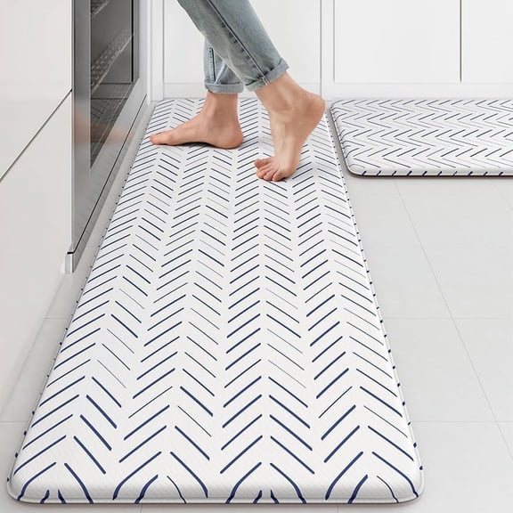 Anti Fatigue Kitchen Mats, 2 PCS Cushioned Kitchen Rugs, Waterproof Kitchen Floor Mats Non Slip, Boho Comfort Foam Standing Mat for Laundry, Office, Sink, Blue and White 17"x47"+17"x29"